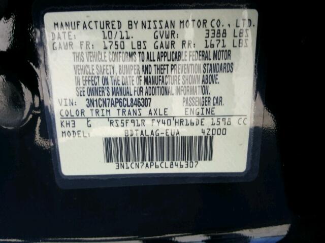 3N1CN7AP6CL846307 - 2012 NISSAN VERSA S BLACK photo 10