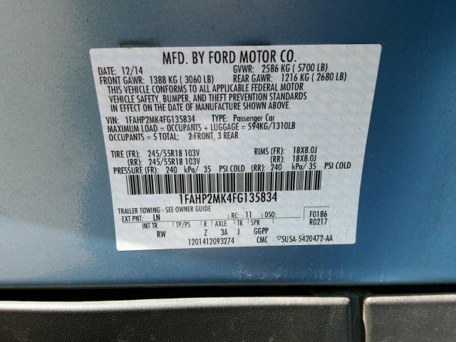 1FAHP2MK4FG135834 - 2015 FORD TAURUS POL BLUE photo 10