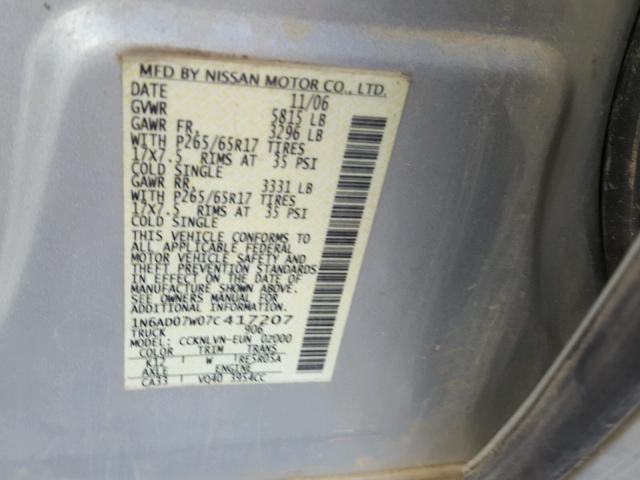1N6AD07W07C417207 - 2007 NISSAN FRONTIER C SILVER photo 10