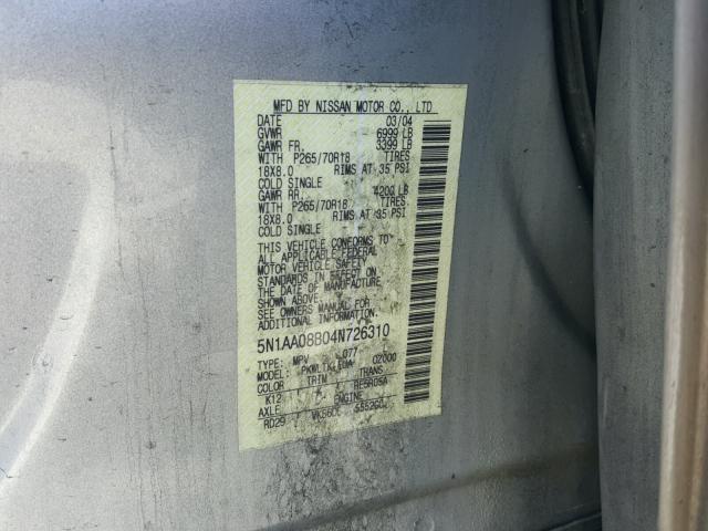 5N1AA08B04N726310 - 2004 NISSAN ARMADA SE SILVER photo 10