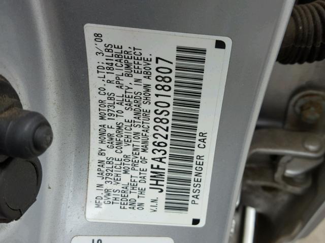 JHMFA36228S018807 - 2008 HONDA CIVIC HYBR SILVER photo 10