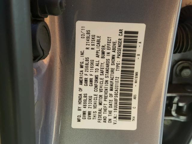 19UUA8F56CA001072 - 2012 ACURA TL SILVER photo 10