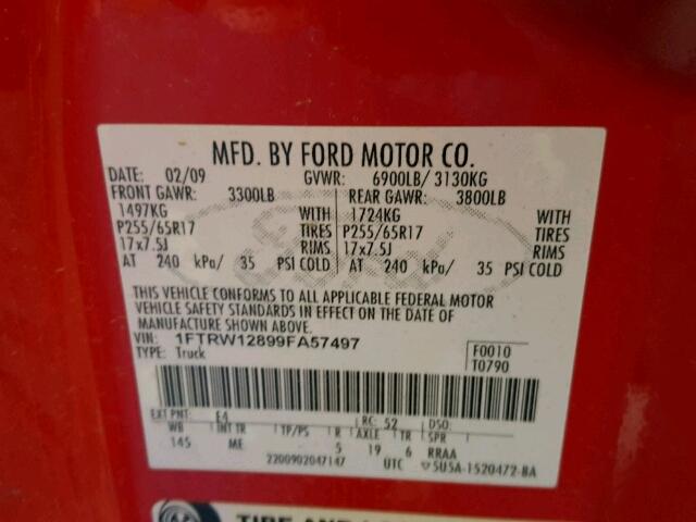 1FTRW12899FA57497 - 2009 FORD F150 RED photo 10