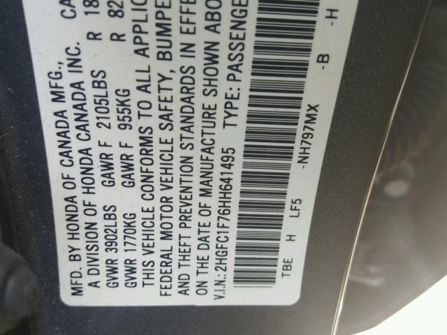 2HGFC1F76HH641495 - 2017 HONDA CIVIC EXL GRAY photo 10