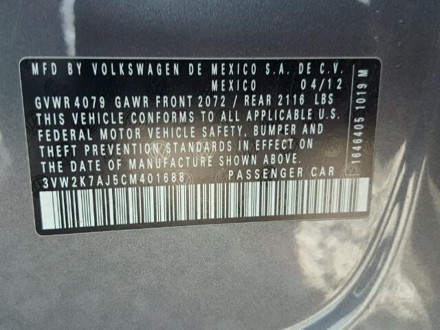 3VW2K7AJ5CM401688 - 2012 VOLKSWAGEN JETTA BASE 灰色 照片 10
