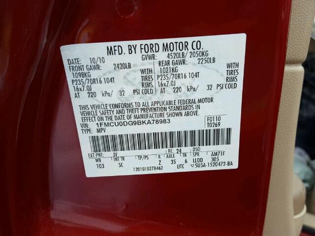 1FMCU0DG9BKA78983 - 2011 FORD ESCAPE XLT RED photo 10