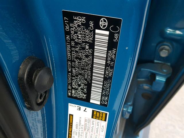 JTDKARFP9H3036195 - 2017 TOYOTA PRIUS PRIM ლურჯი ფოტო 10