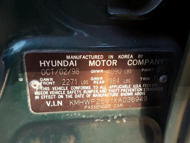 KMHWF25V1XA036949 - 1999 HYUNDAI SONATA BAS GREEN photo 10