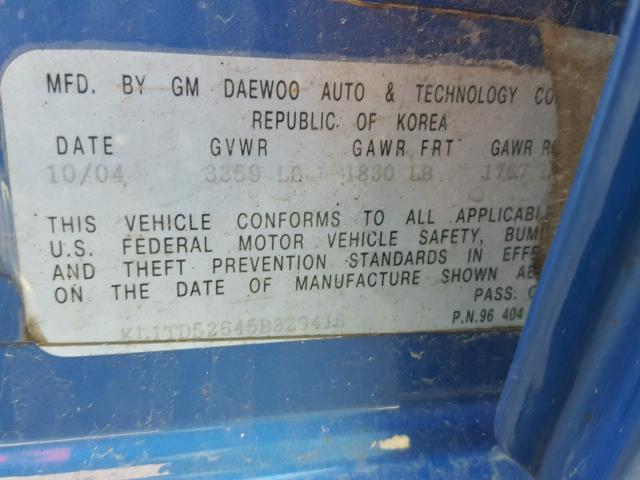 KL1TD52645B329416 - 2005 CHEVROLET AVEO BASE Կապույտ լուսանկար 10