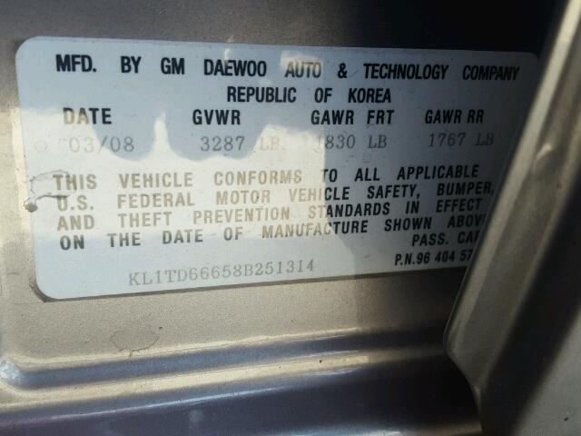 KL1TD66658B251314 - 2008 CHEVROLET AVEO BASE Графитовый фото 10