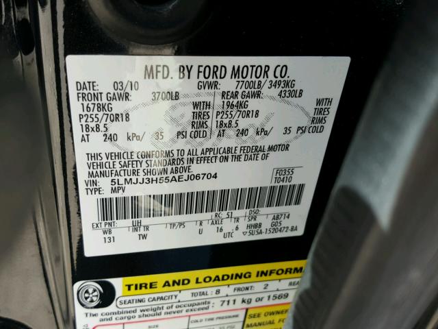 5LMJJ3H55AEJ06704 - 2010 LINCOLN NAVIGATOR შავი ფოტო 10