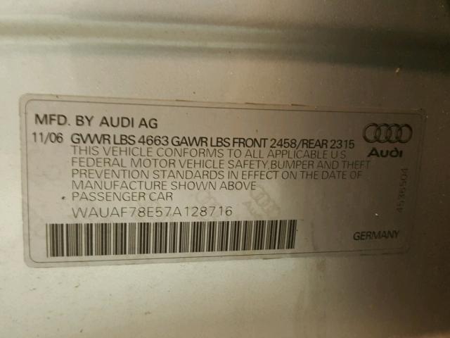 WAUAF78E57A128716 - 2007 AUDI A4 2 SILVER photo 10