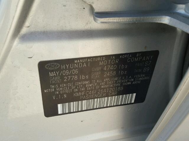 KMHFC46F26A120188 - 2006 HYUNDAI AZERA SE SILVER photo 10