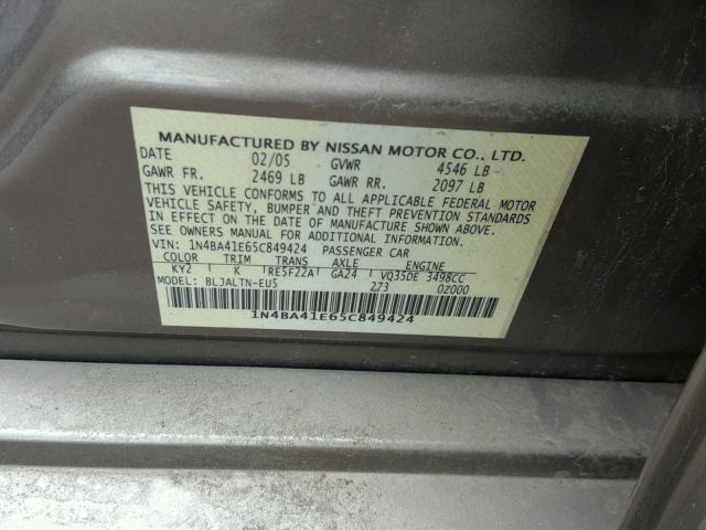 1N4BA41E65C849424 - 2005 NISSAN MAXIMA SE GRAY photo 10