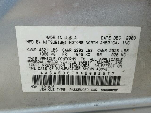 4A3AB36FX4E082577 - 2004 MITSUBISHI GALANT SILVER photo 10