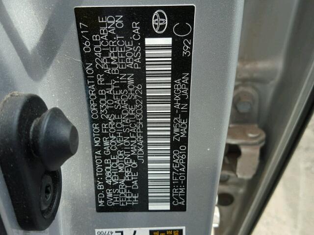 JTDKARFP5H3032726 - 2017 TOYOTA PRIUS PRIM ვერცხლისფერი ფოტო 10