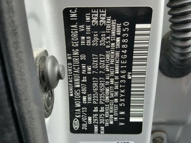 5XYKT3A61EG488350 - 2014 KIA SORENTO LX SILVER photo 10