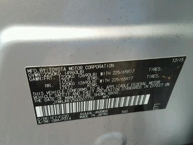 JTMRJREV5GD007770 - 2016 TOYOTA RAV4 HV XL SILVER photo 10