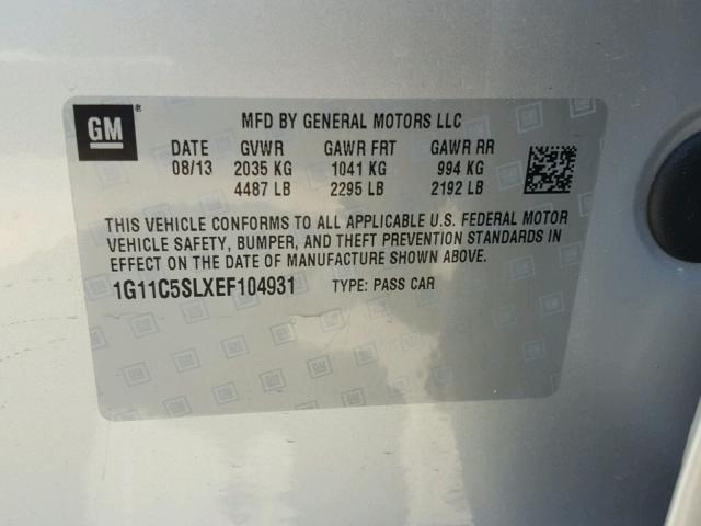 1G11C5SLXEF104931 - 2014 CHEVROLET MALIBU 1LT 银色 照片 10