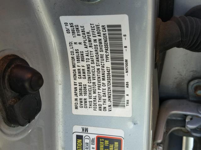 JHMZE2H72AS036427 - 2010 HONDA INSIGHT EX SILVER photo 10