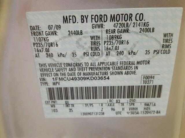 1FMCU49309KD03654 - 2009 FORD ESCAPE HYB SILVER photo 10