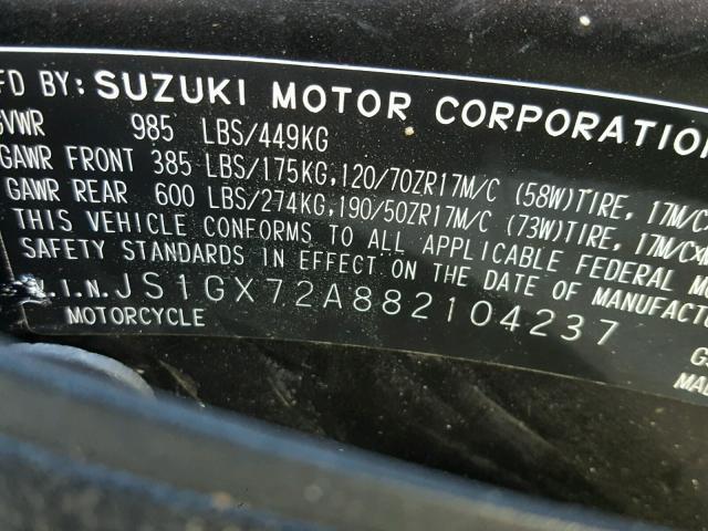 JS1GX72A882104237 - 2008 SUZUKI GSX1300 R BLACK photo 10