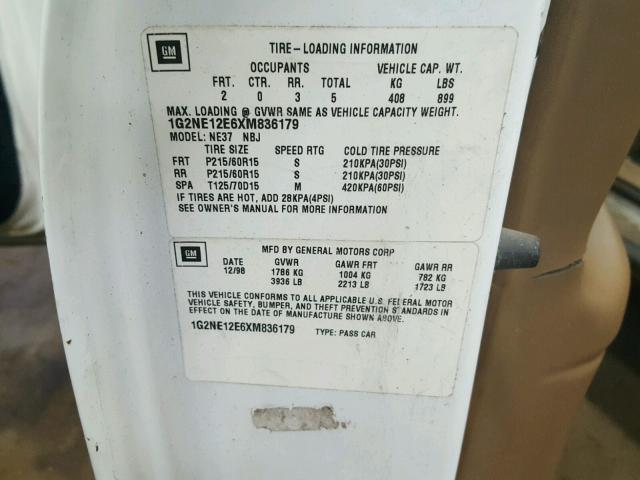 1G2NE12E6XM836179 - 1999 PONTIAC GRAND AM S თეთრი ფოტო 10