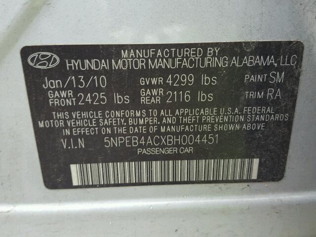 5NPEB4ACXBH004451 - 2011 HYUNDAI SONATA GLS SILVER photo 10