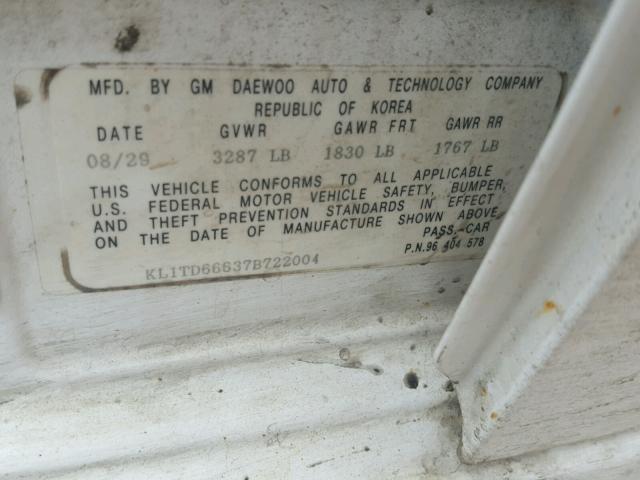 KL1TD66637B722004 - 2007 CHEVROLET AVEO BASE Ақ фото 10