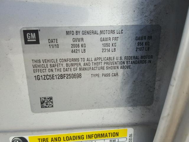 1G1ZC5E12BF250698 - 2011 CHEVROLET MALIBU 1LT 银色 照片 10