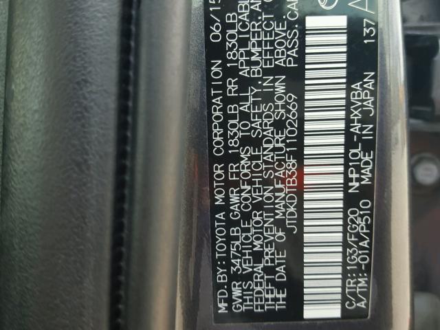 JTDKDTB38F1102669 - 2015 TOYOTA PRIUS C GRAY photo 10