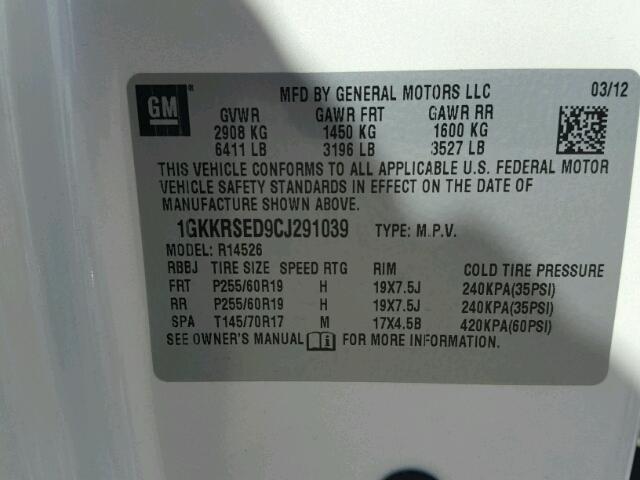 1GKKRSED9CJ291039 - 2012 GMC ACADIA SLT კრემისფერი ფოტო 10