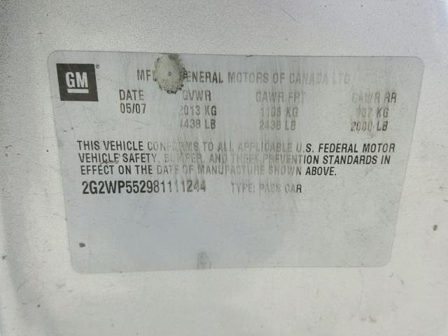 2G2WP552981111244 - 2008 PONTIAC GRAND PRIX SILVER photo 10