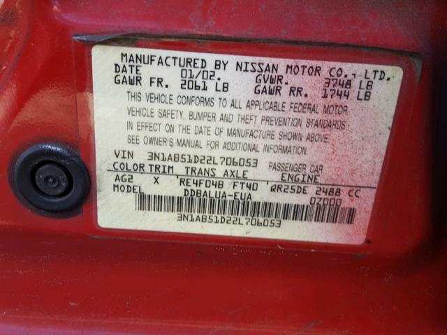 3N1AB51D22L706053 - 2002 NISSAN SENTRA SE- RED photo 10