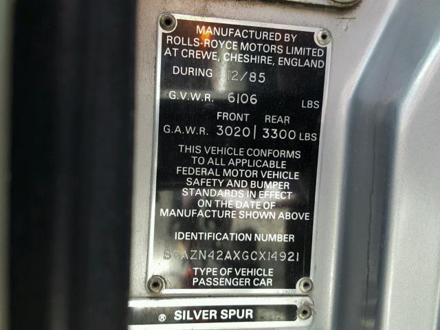 SCAZN42AXGCX14921 - 1986 ROLLS-ROYCE SILVER SPU GRAY photo 10