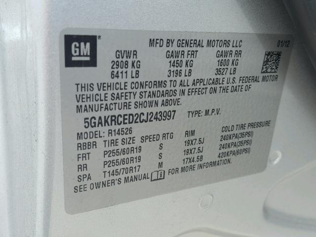5GAKRCED2CJ243997 - 2012 BUICK ENCLAVE SILVER photo 10