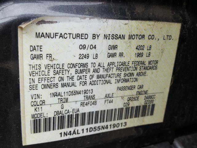 1N4AL11D55N419013 - 2005 NISSAN ALTIMA S GRAY photo 10