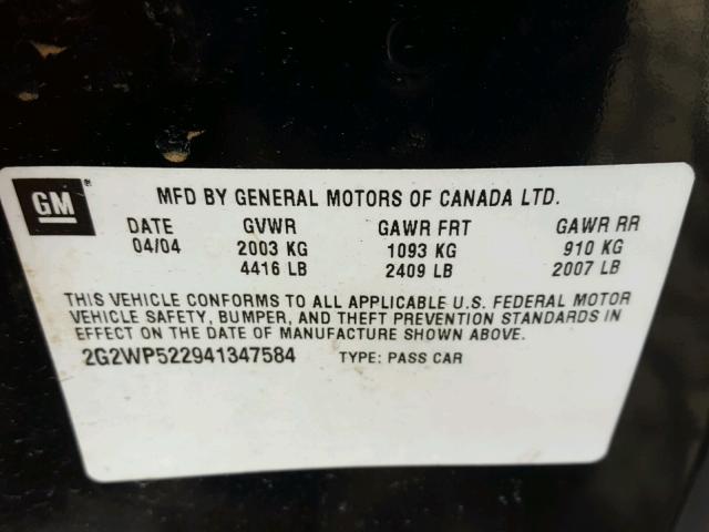 2G2WP522941347584 - 2004 PONTIAC GRAND PRIX Чорний фото 10