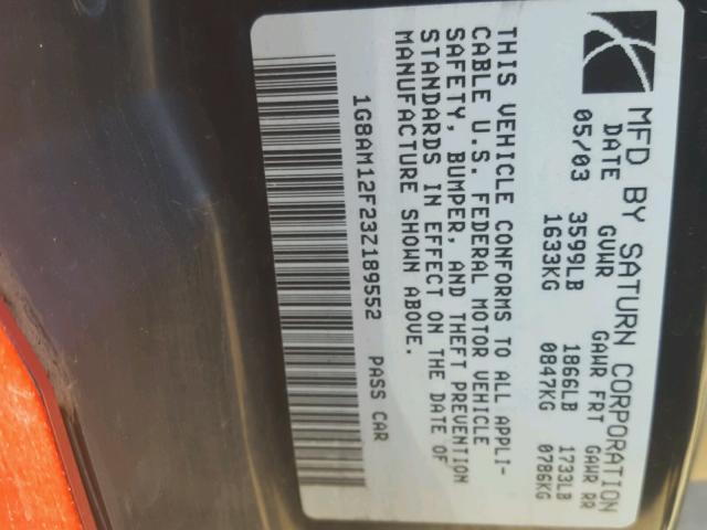 1G8AM12F23Z189552 - 2003 SATURN ION LEVEL RED photo 10