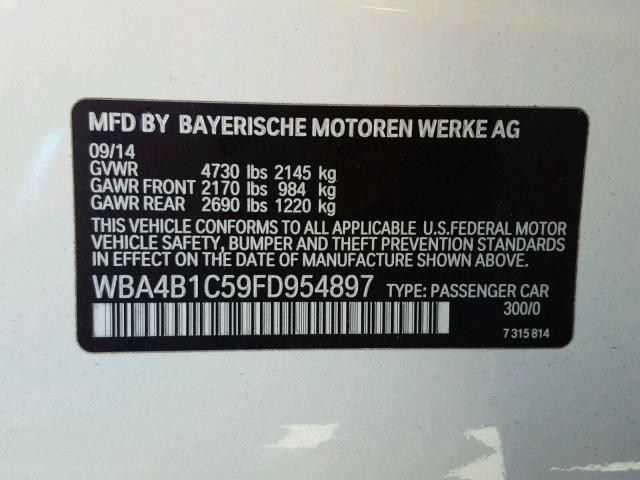 WBA4B1C59FD954897 - 2015 BMW 435 I WHITE photo 10