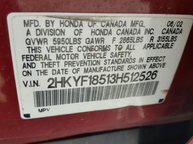 2HKYF18513H512526 - 2003 HONDA PILOT EXL RED photo 10