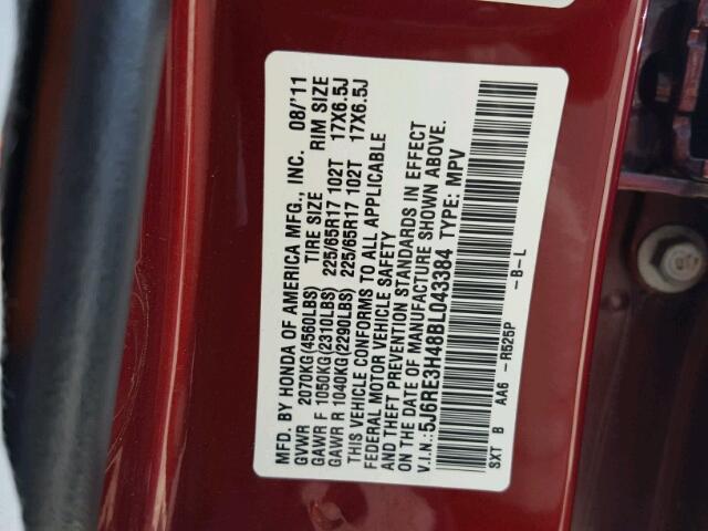 5J6RE3H48BL043384 - 2011 HONDA CR-V SE RED photo 10