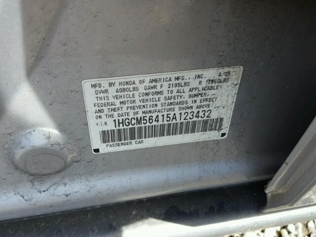 1HGCM56415A123432 - 2005 HONDA ACCORD LX SILVER photo 10