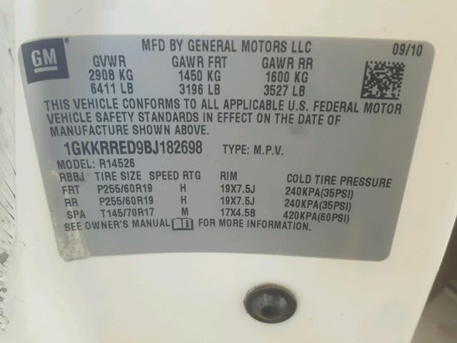 1GKKRRED9BJ182698 - 2011 GMC ACADIA SLT თეთრი ფოტო 10