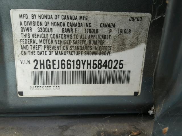 2HGEJ6619YH584025 - 2000 HONDA CIVIC BASE BLUE photo 10