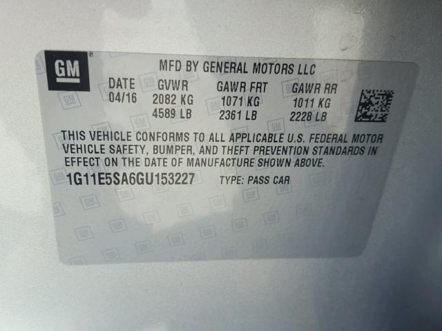 1G11E5SA6GU153227 - 2016 CHEVROLET MALIBU LIM 银色 照片 10