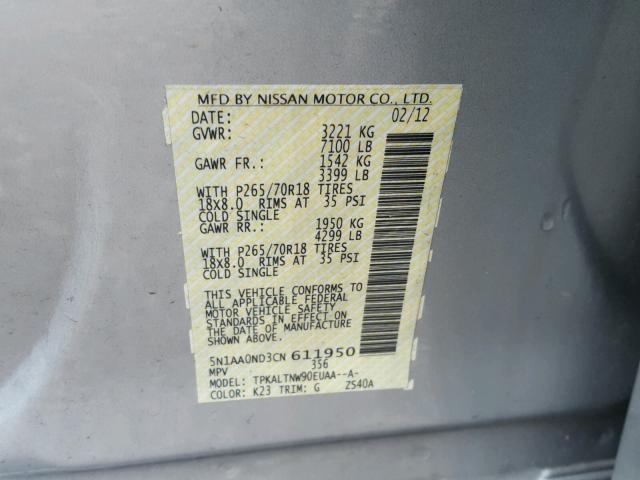 5N1AA0ND3CN611950 - 2012 NISSAN ARMADA SV SILVER photo 10