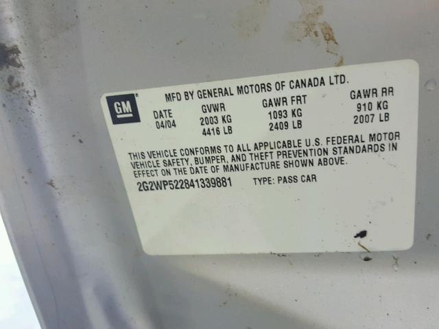 2G2WP522841339881 - 2004 PONTIAC GRAND PRIX SILVER photo 10