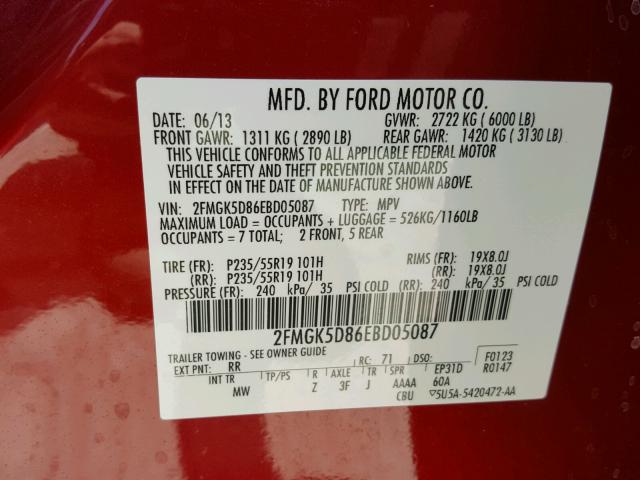 2FMGK5D86EBD05087 - 2014 FORD FLEX LIMIT RED photo 10