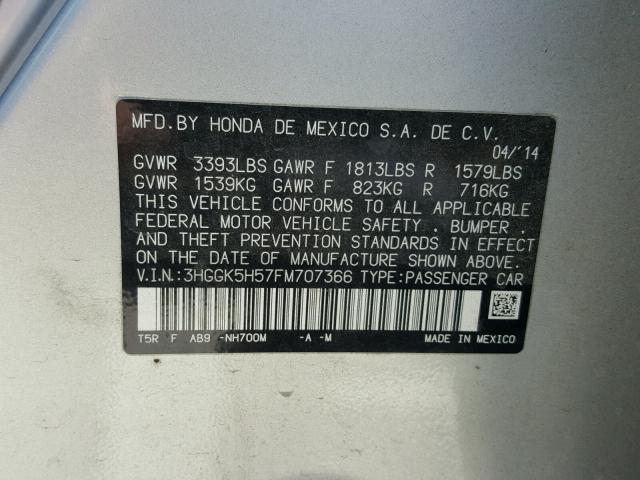 3HGGK5H57FM707366 - 2015 HONDA FIT LX SILVER photo 10